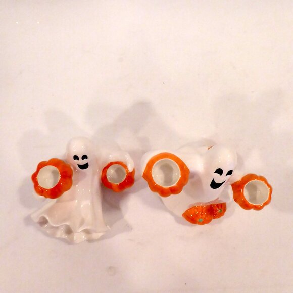 NEW 2004 FITZ & FLOYD HALLOWEEN CERAMIC SMILING GHOST TAPER CANDLE HOLDER SET - Picture 9 of 13